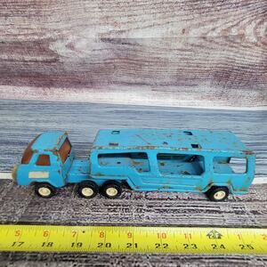 Vintage Buddy L pressed steel semi car hauler mini blue